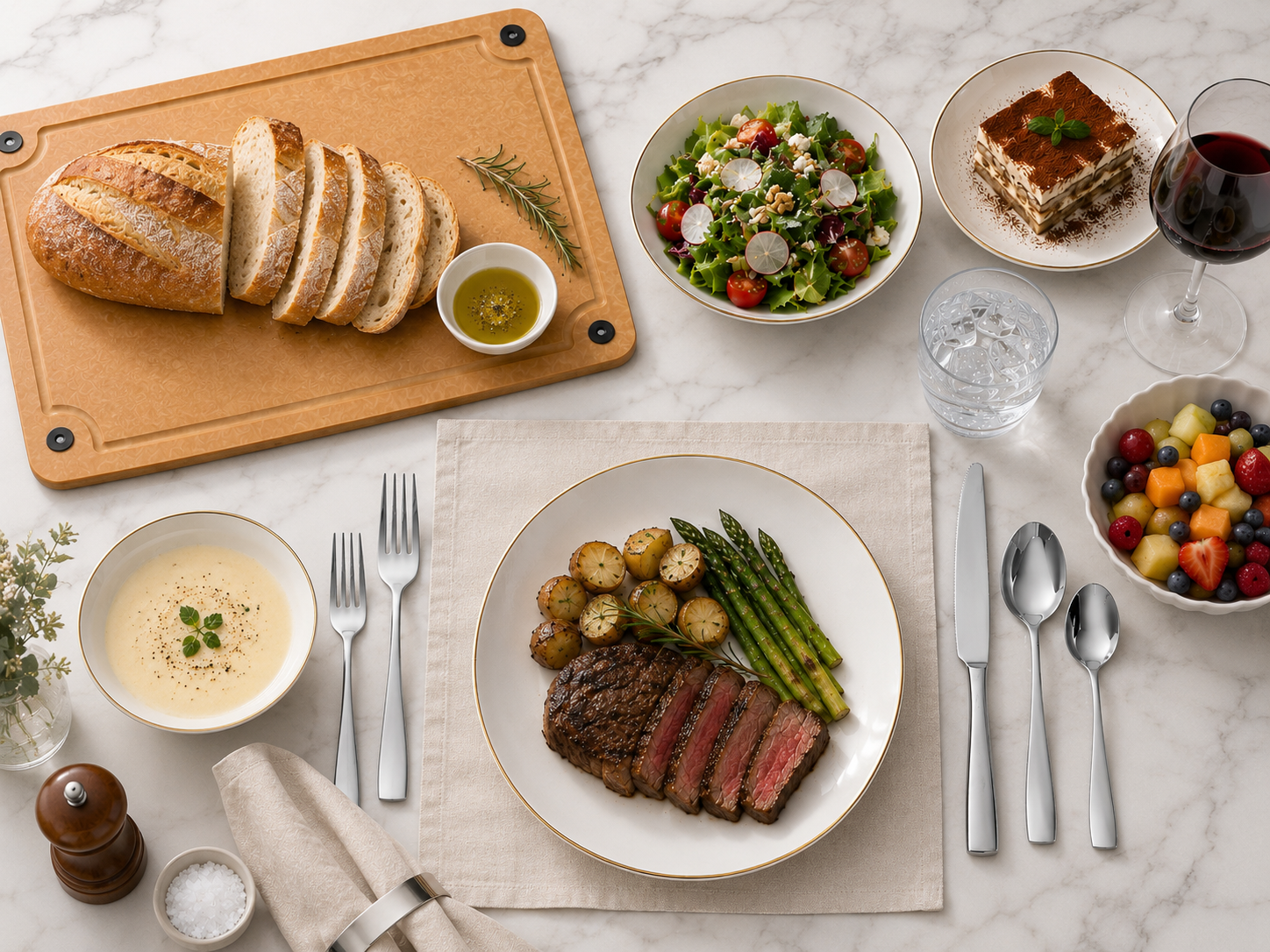 Refined everyday dining table with stainless steel flatware, cutting board, knife set, glassware, and simple serving details