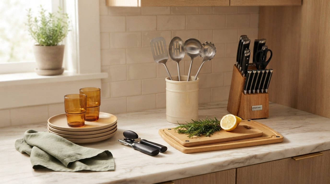 First home kitchen essentials with knife set, cutting board, cooking utensils, flatware, can opener, plates, and glassware