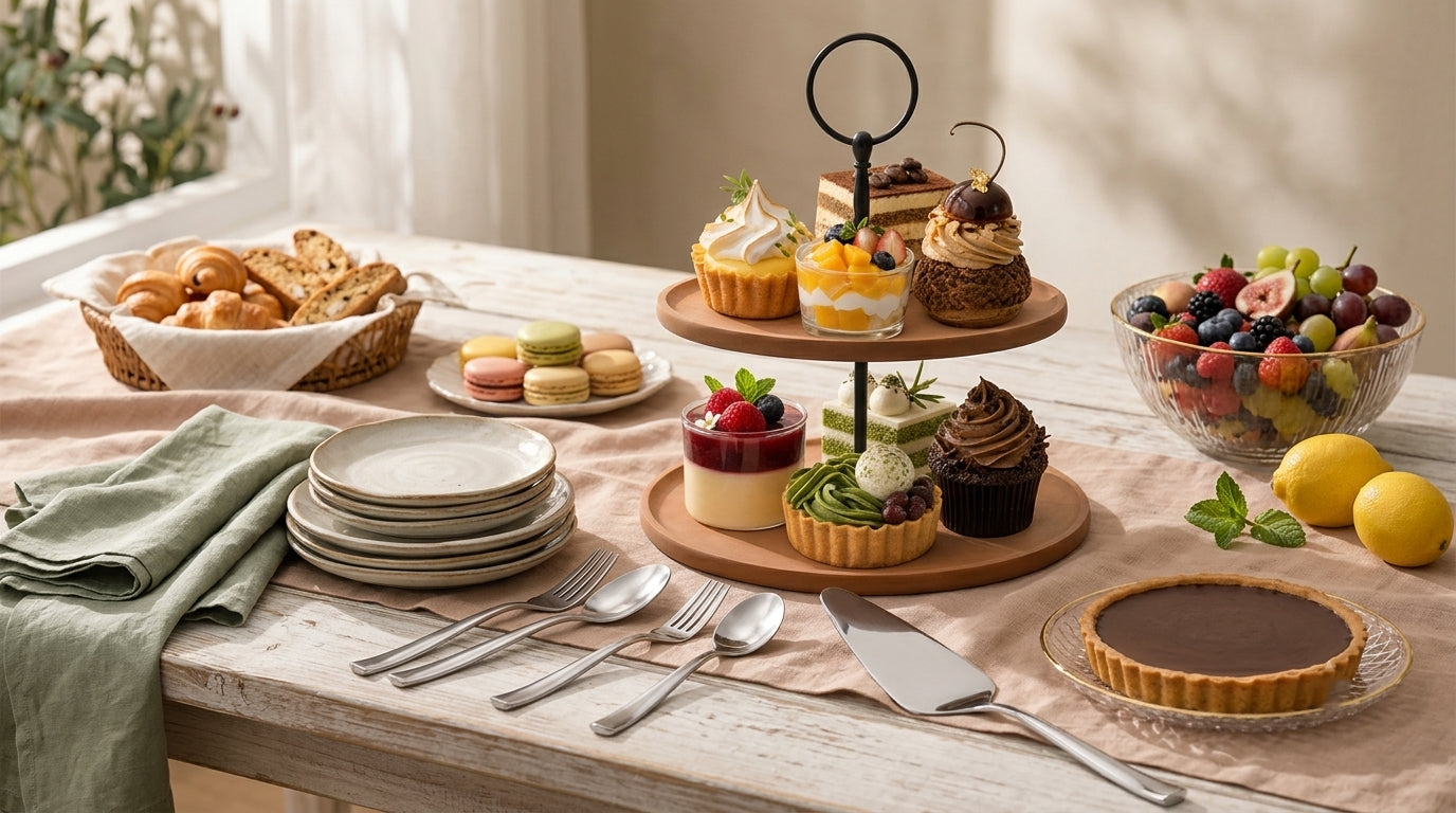 Dessert table styled with a two-tier cupcake stand, pastry server, flatware, fruit, cookies, and small plates