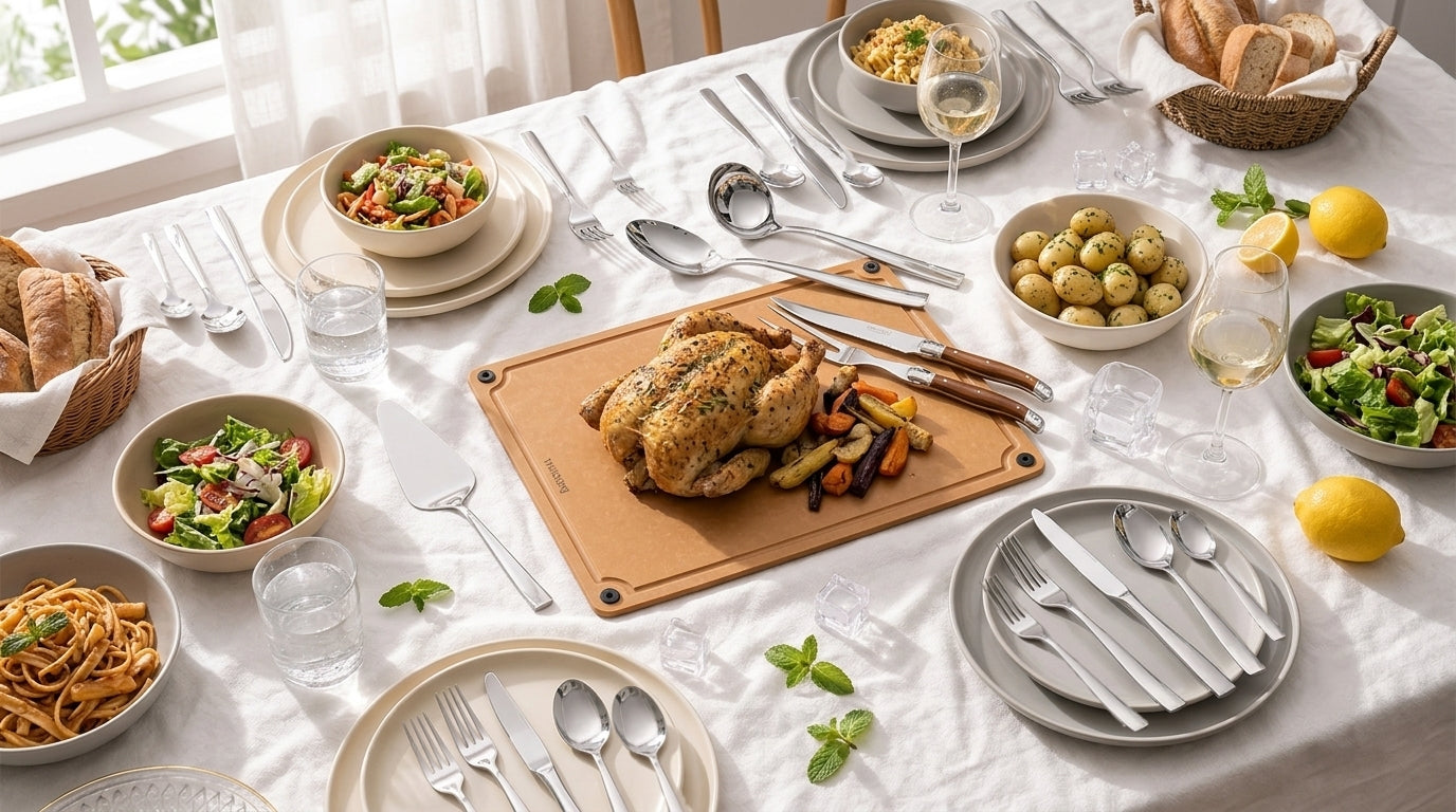Serving utensils arranged on a refined dining table for family-style meals and home hosting