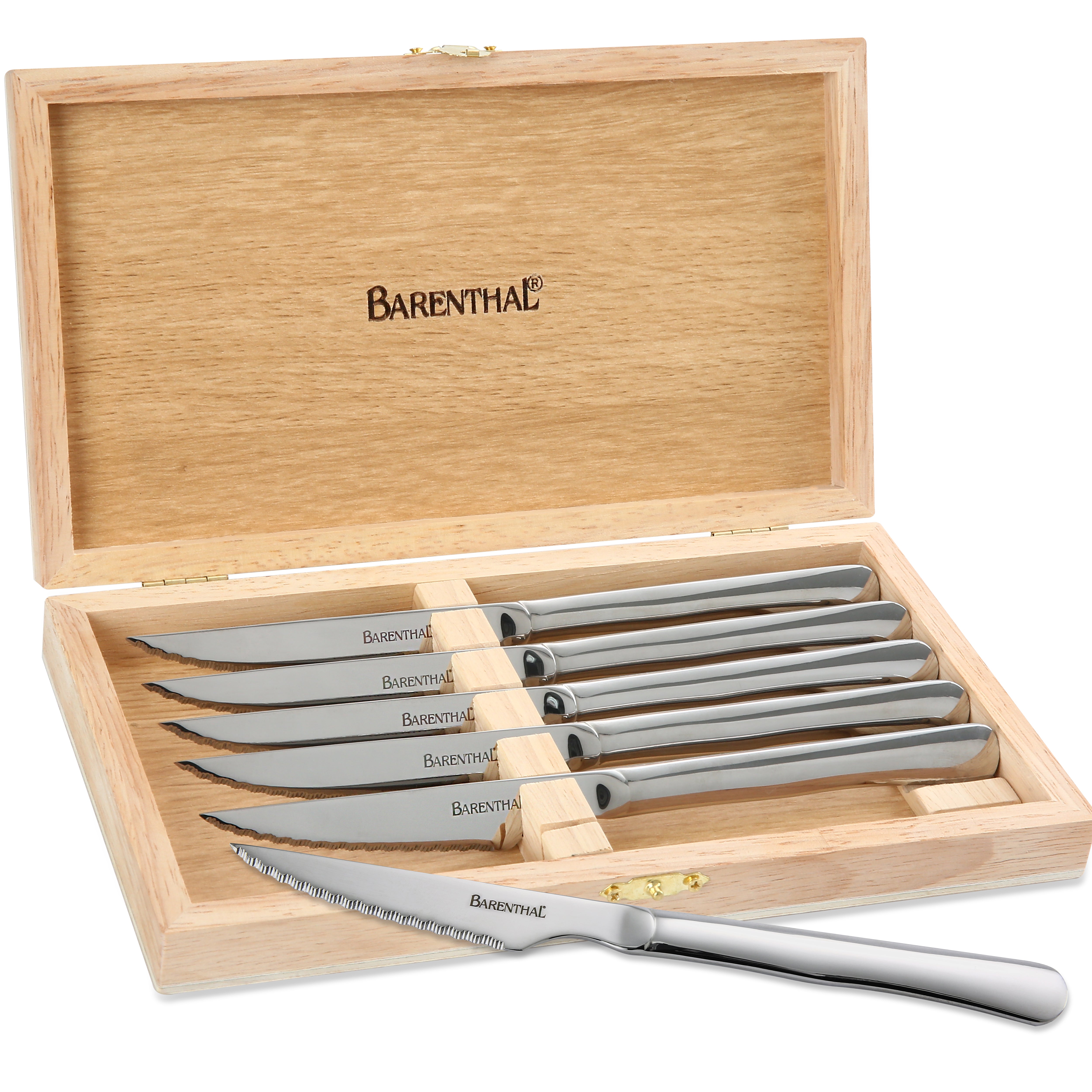 Barenthal 6-piece steak knife set with wooden box, featuring high-quality stainless steel blades and comfortable handles, suitable for cutting steak and other meats.