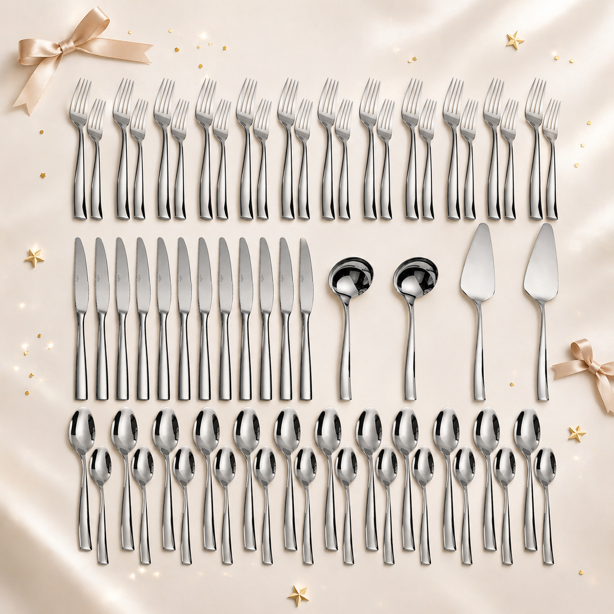 Coutour Stainless Steel Cutlery Set, 64 pieces total, made of 18/10 stainless steel, serves 12 people.