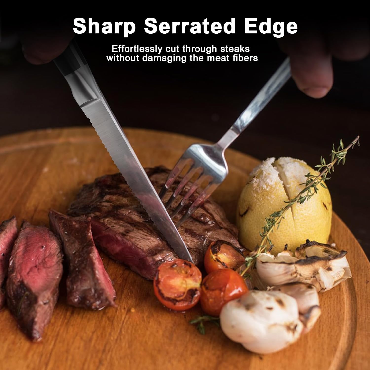 6-piece German stainless steel serrated steak knife set, detailed blade and handle design, practical kitchen knives for cutting steak.