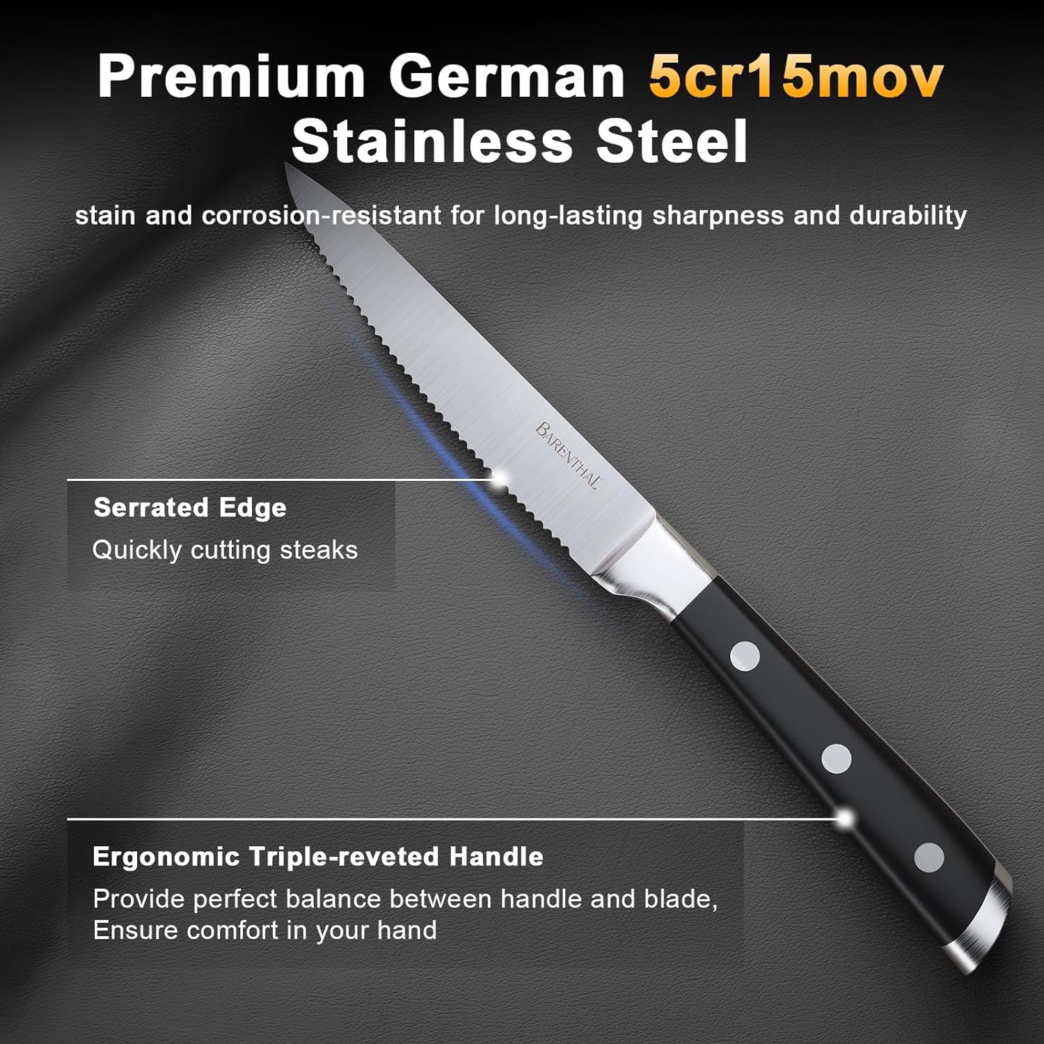 German stainless steel 6-piece serrated steak knife set, featuring sharp blades and elegant handle design.