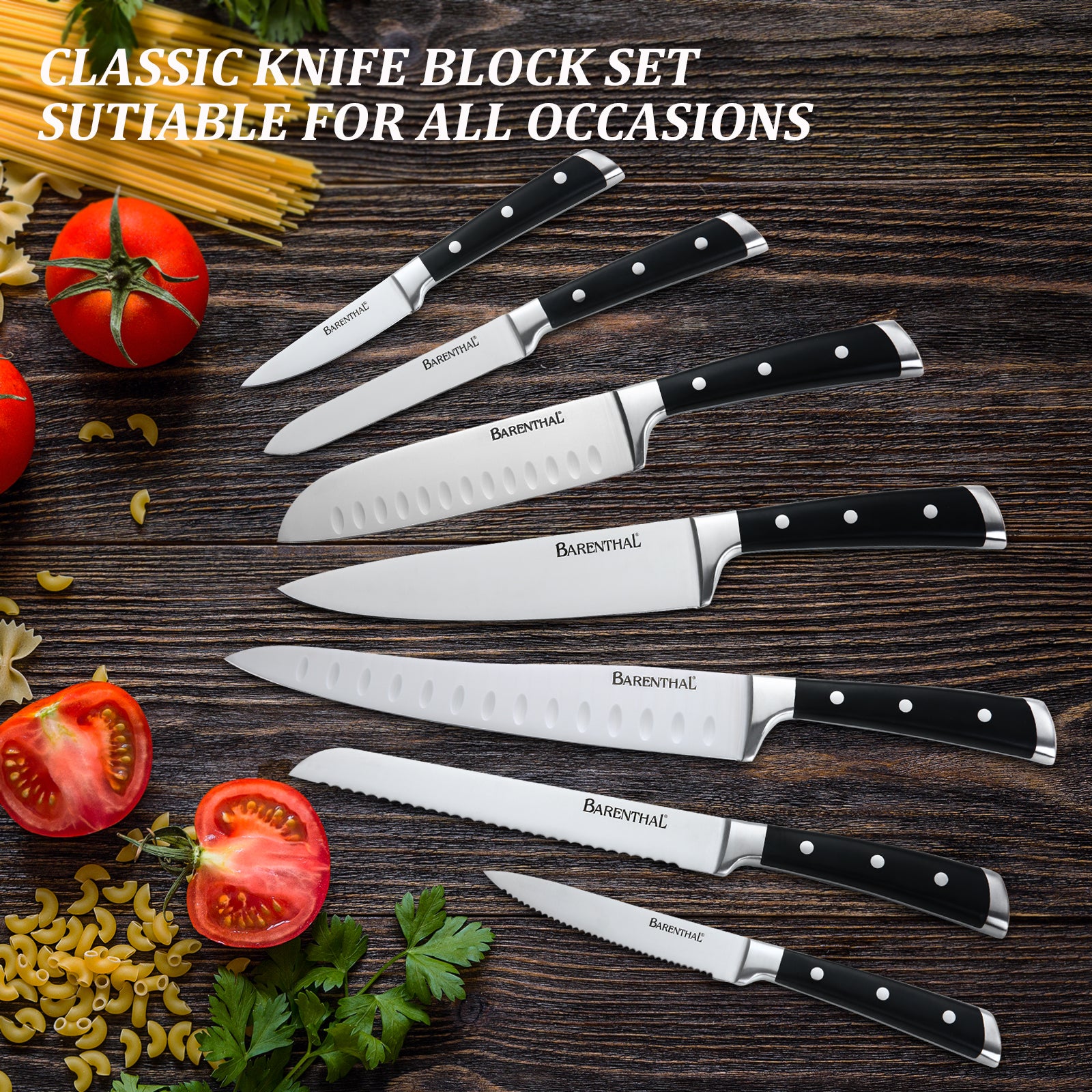 Barenthal 17-piece kitchen knife set with knife block and sharpener, showing neatly arranged various kitchen knives in fine details.