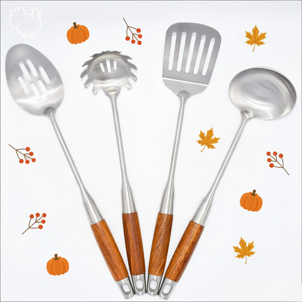 Four stainless steel cooking utensils with wooden handles, surrounded by Thanksgiving icons: pumpkins, leaves, berries, and a turkey.