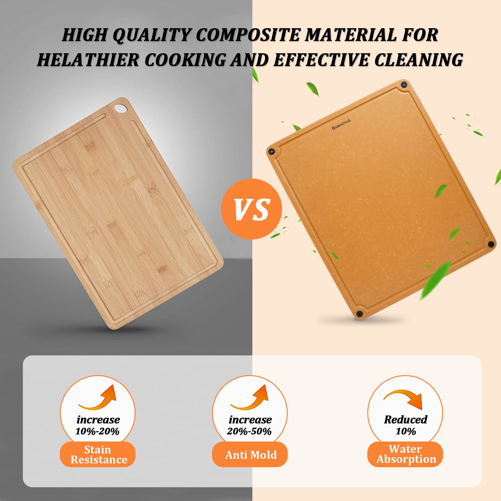 Barenthal eco-friendly kitchen cutting board, double-sided design with non-slip feet and juice groove, perfect for cutting and serving food, easy to clean.