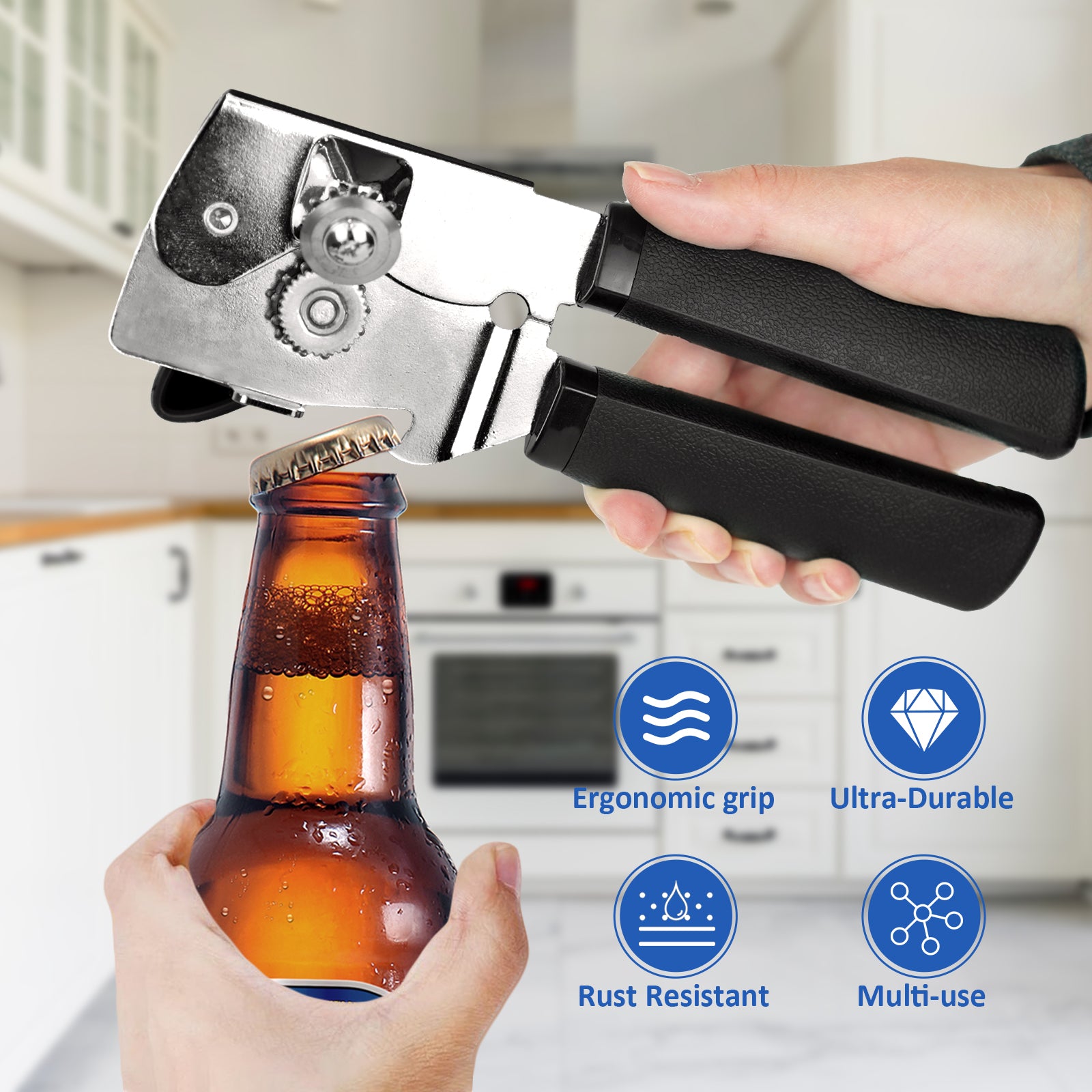 Barenthal manual can opener with beer bottle opener, non-slip handle, heavy-duty blade and smooth edge, easy for seniors to use, packaged in exquisite gift box.