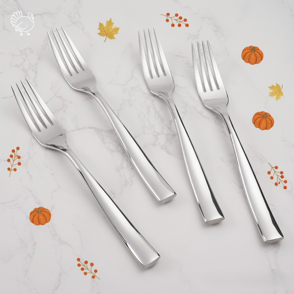 Four shiny stainless steel forks on marble, surrounded by Thanksgiving icons: turkey, pumpkins, and fall leaves.