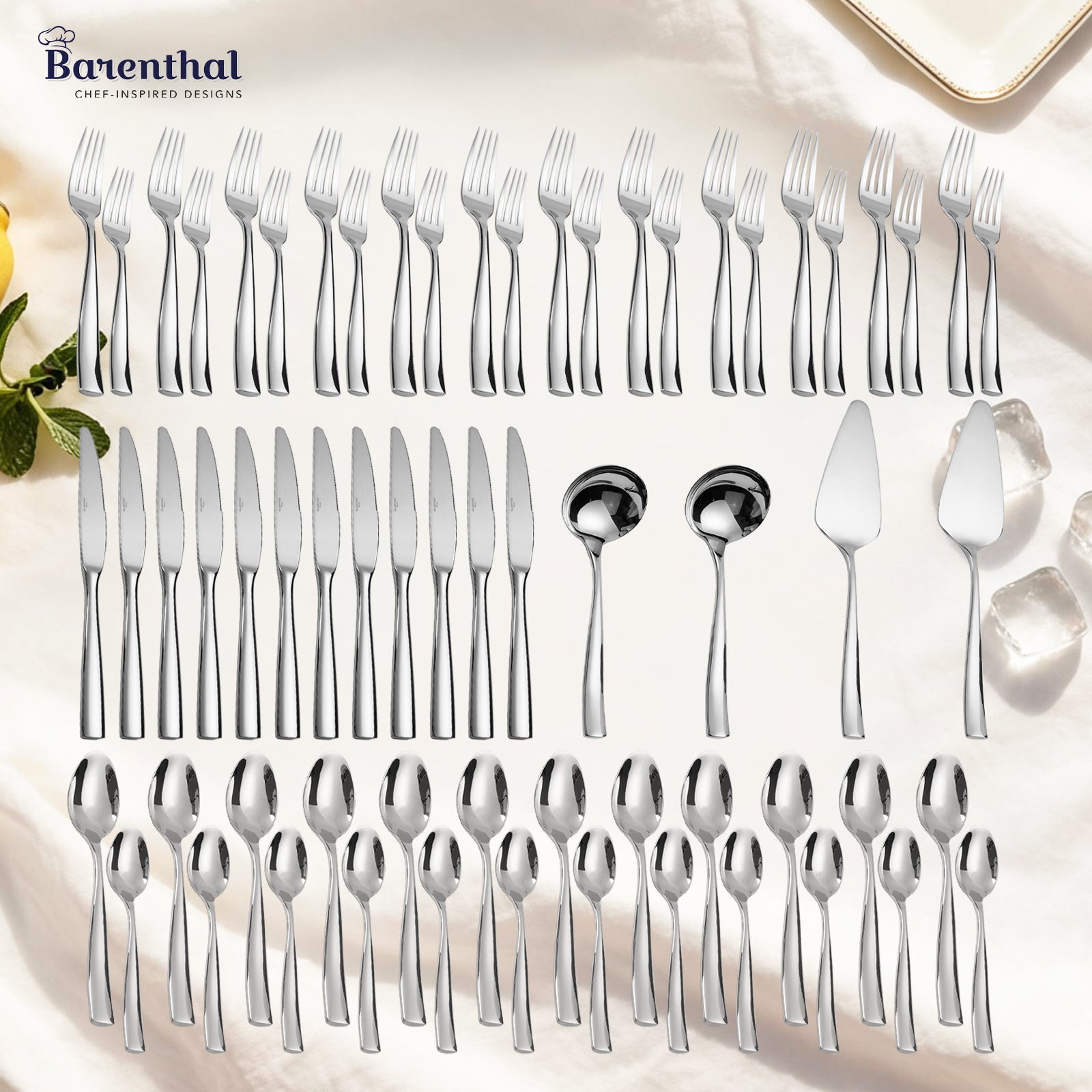 Barenthal Couture 64-Piece Silverware Set for 12 - complete stainless steel flatware set including forks, knives, spoons, ladles and serving utensils