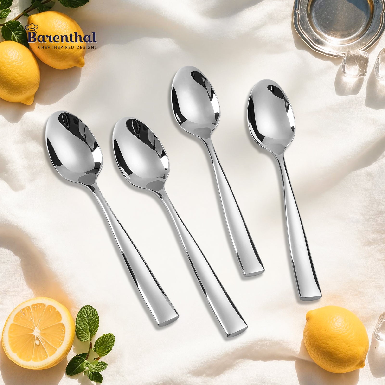 Barenthal Couture Dinner Spoons, Set of 4 - polished stainless steel dinner spoons with sleek handles, ideal for soups, cereals, and everyday dining