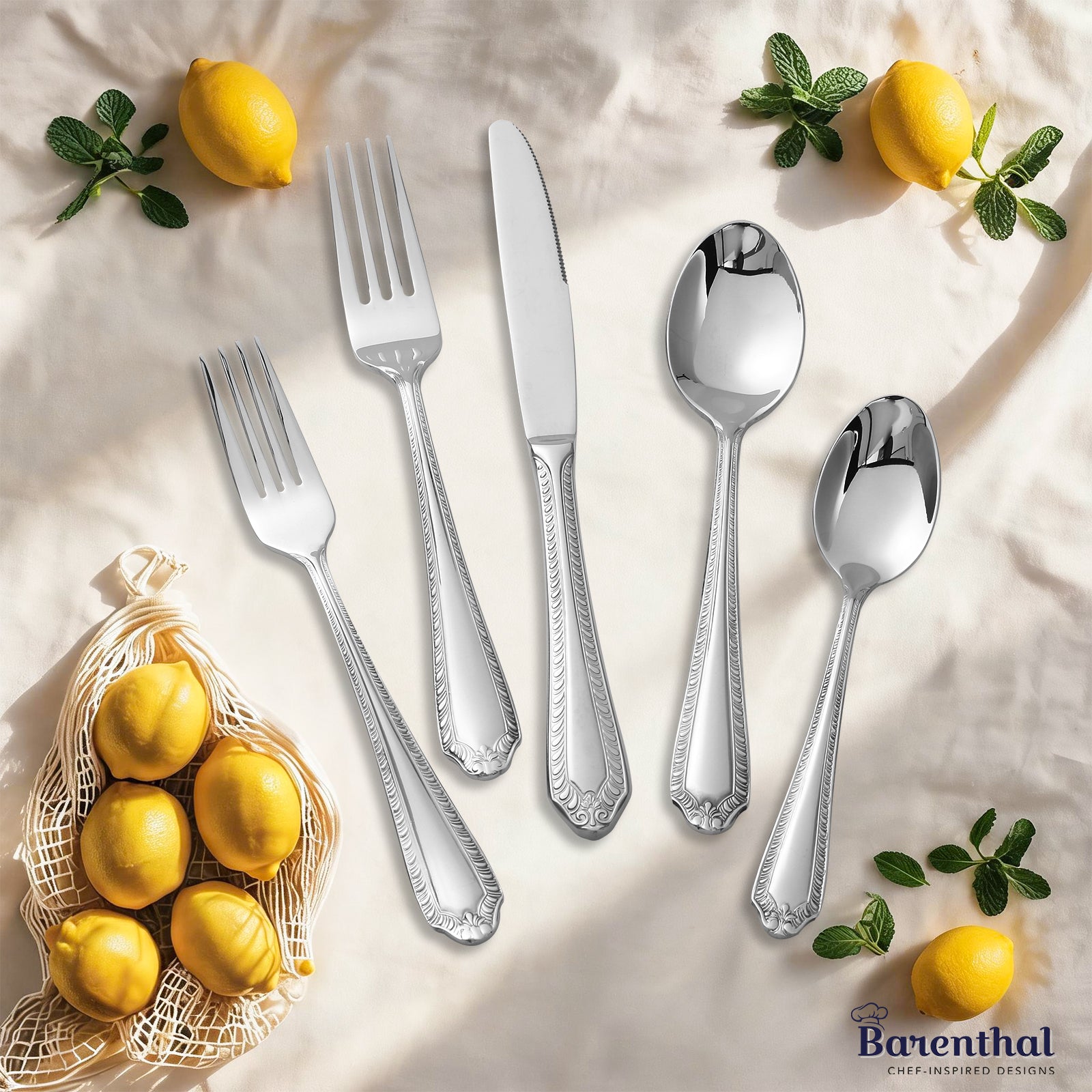 Barenthal Fiori 20-Piece Silverware Set, Service for 4 - polished stainless steel flatware with decorative handles, includes forks, knives, spoons for dining