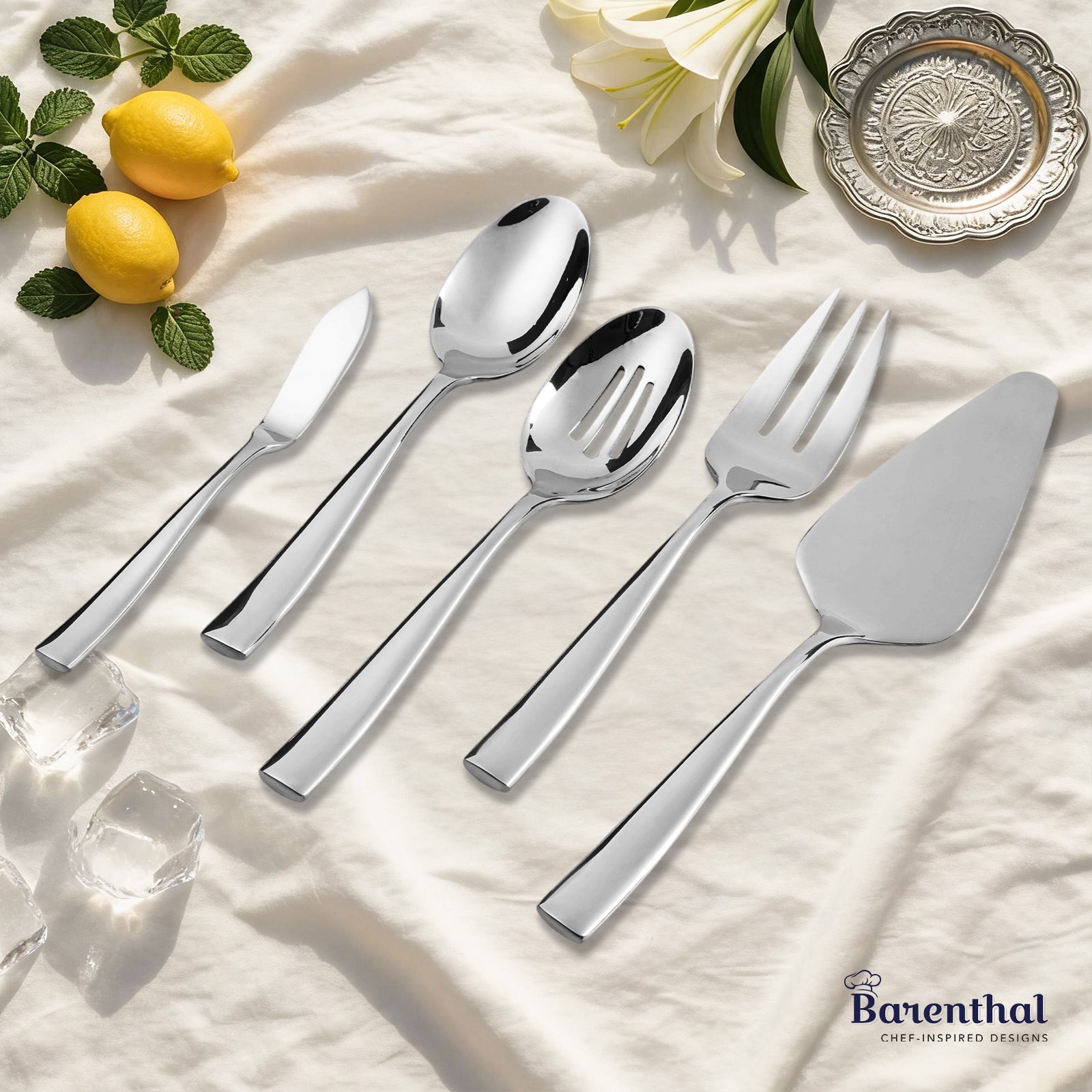 Barenthal Marin Mirror 5-Piece Serving Set - polished stainless steel serving utensils, includes butter knife, serving spoon, slotted spoon, serving fork, and cake server