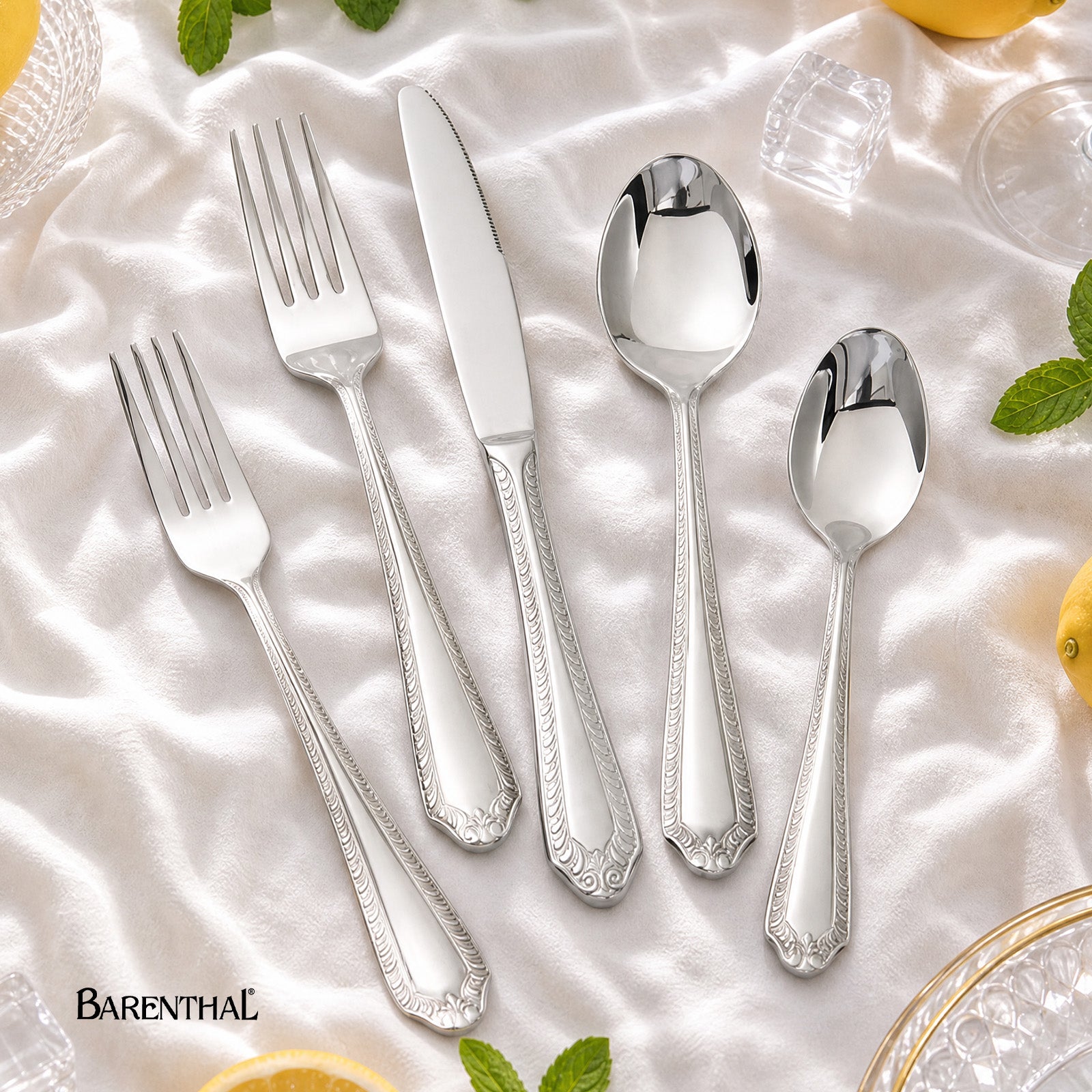 Barenthal Fiori 20-Piece Silverware Set, Service for 4 - polished stainless steel flatware with decorative handles, includes forks, knives, spoons for dining
