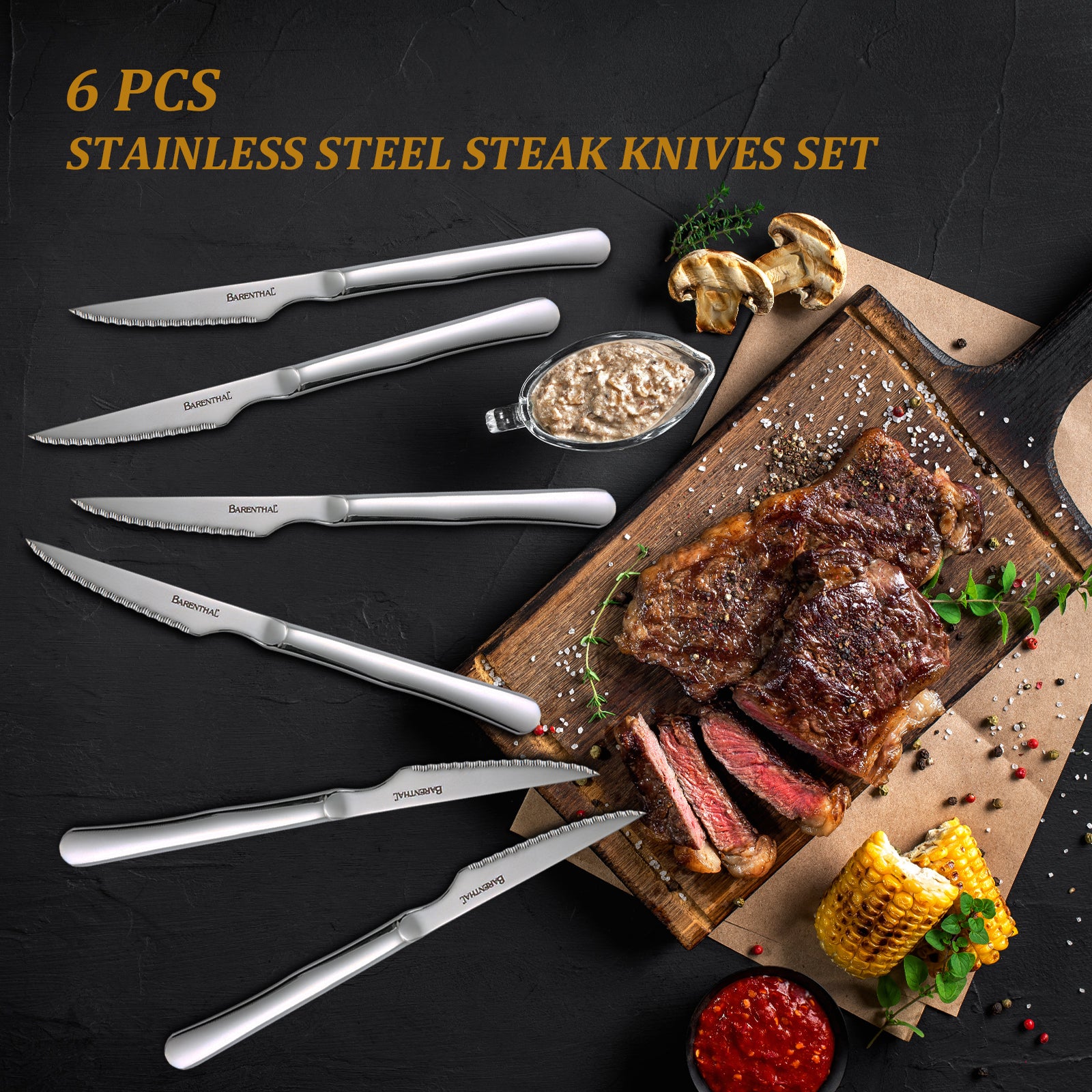 Barenthal 6-piece stainless steel steak knife set with a wooden storage box, featuring sharp blades suitable for cutting steak and other meats.