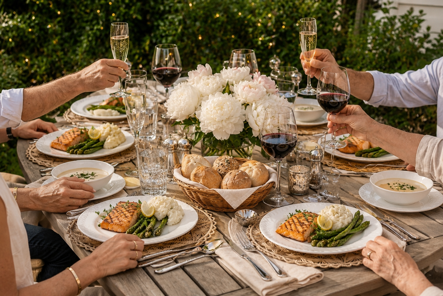 Forest-inspired summer outdoor dining tablescape with stainless steel flatware and greenery