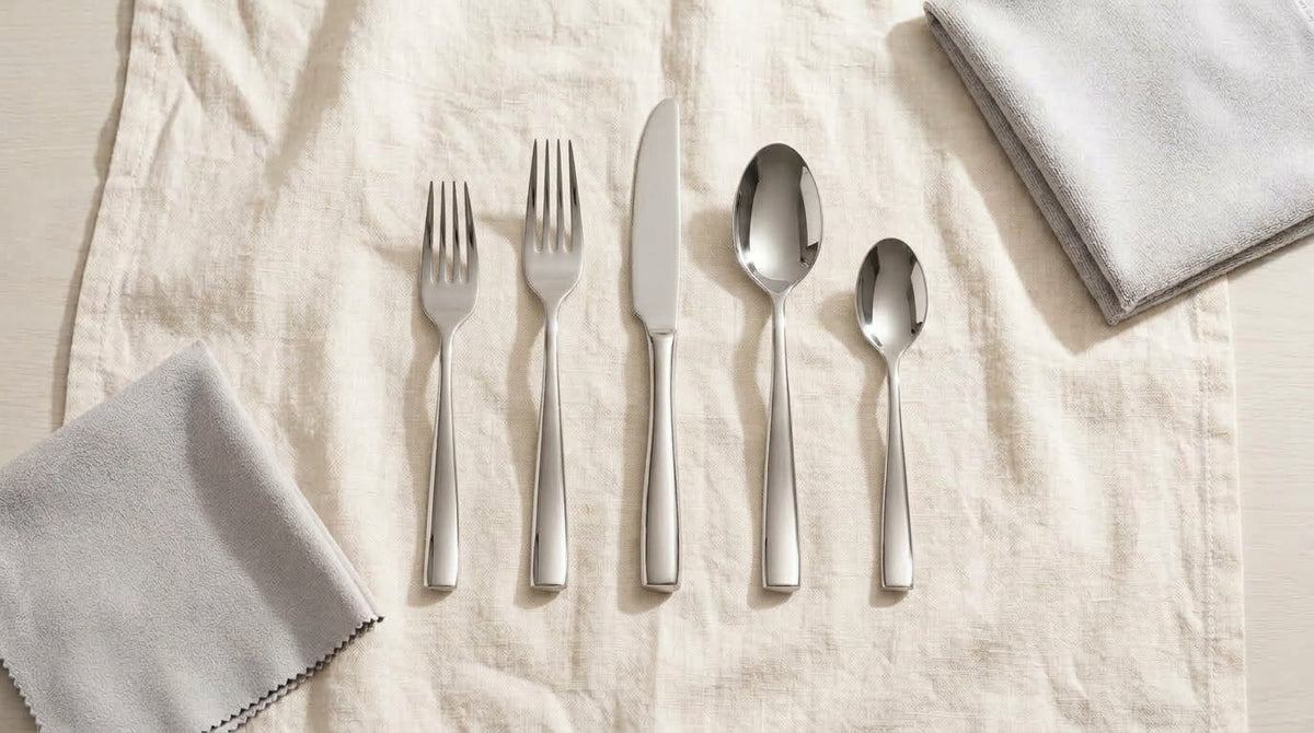 Barenthal stainless steel flatware arranged on linen beside a soft drying cloth