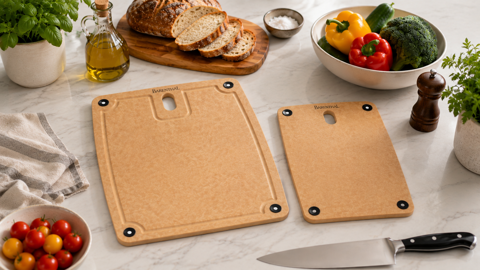 Wood, plastic, and composite cutting boards arranged in a modern kitchen for everyday food preparation