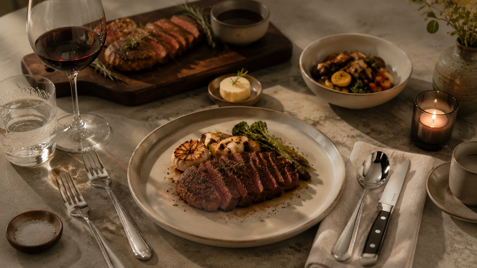 Steak knife set placed beside stainless steel flatware and neutral dinnerware for home dining