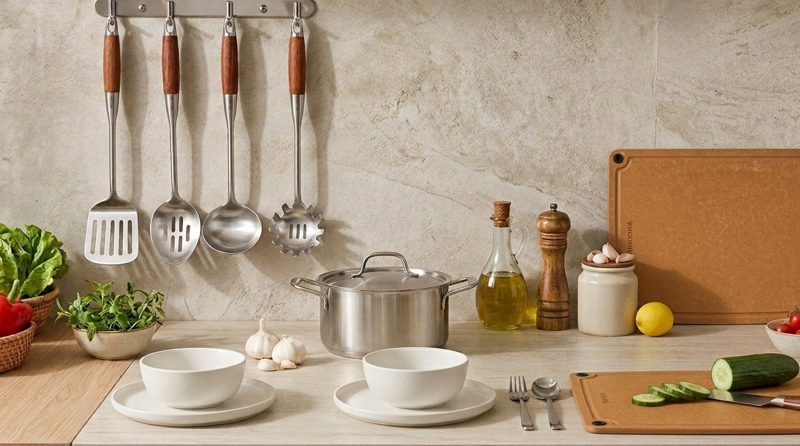 Essential kitchen utensils arranged on a modern countertop for everyday home cooking