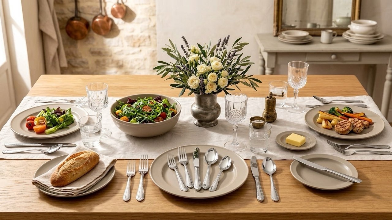 Complete stainless steel silverware place setting with dinner fork, salad fork, knife, spoon, and teaspoon