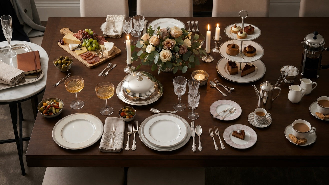 Dinner party table set with stainless steel flatware, serving utensils, cutting board, glassware, and shared dishes