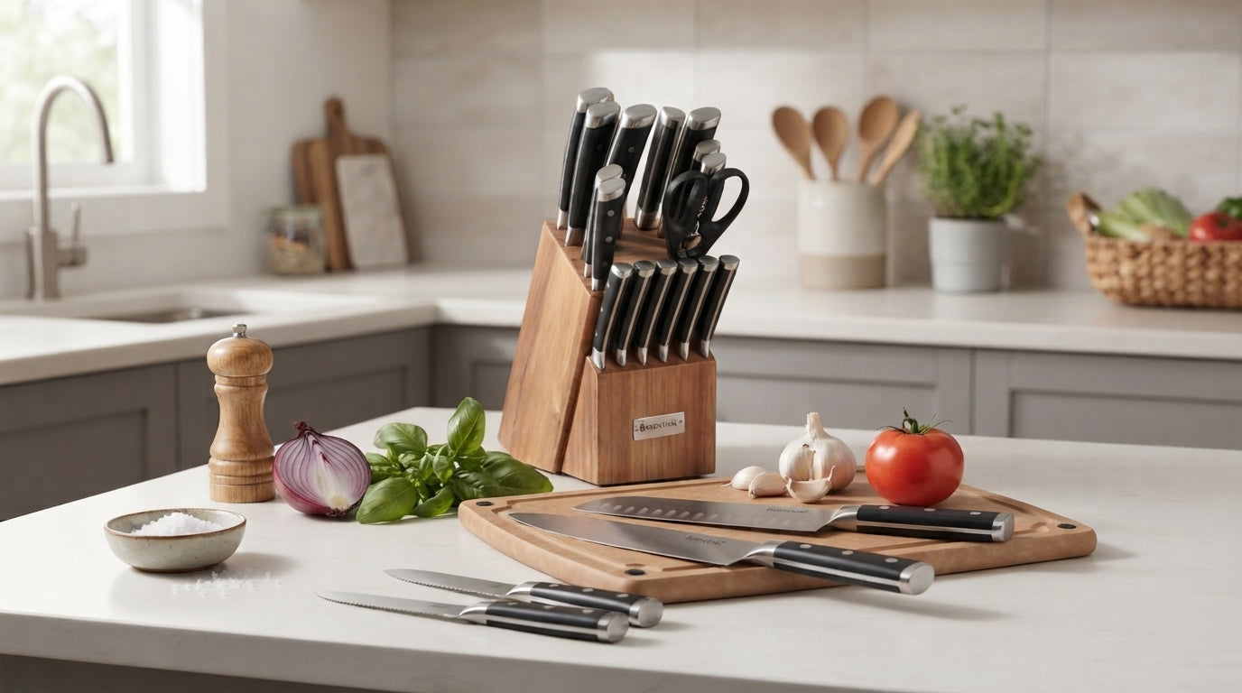 Complete kitchen knife set with chef knife, santoku knife, bread knife, paring knife, steak knives, and cutting board