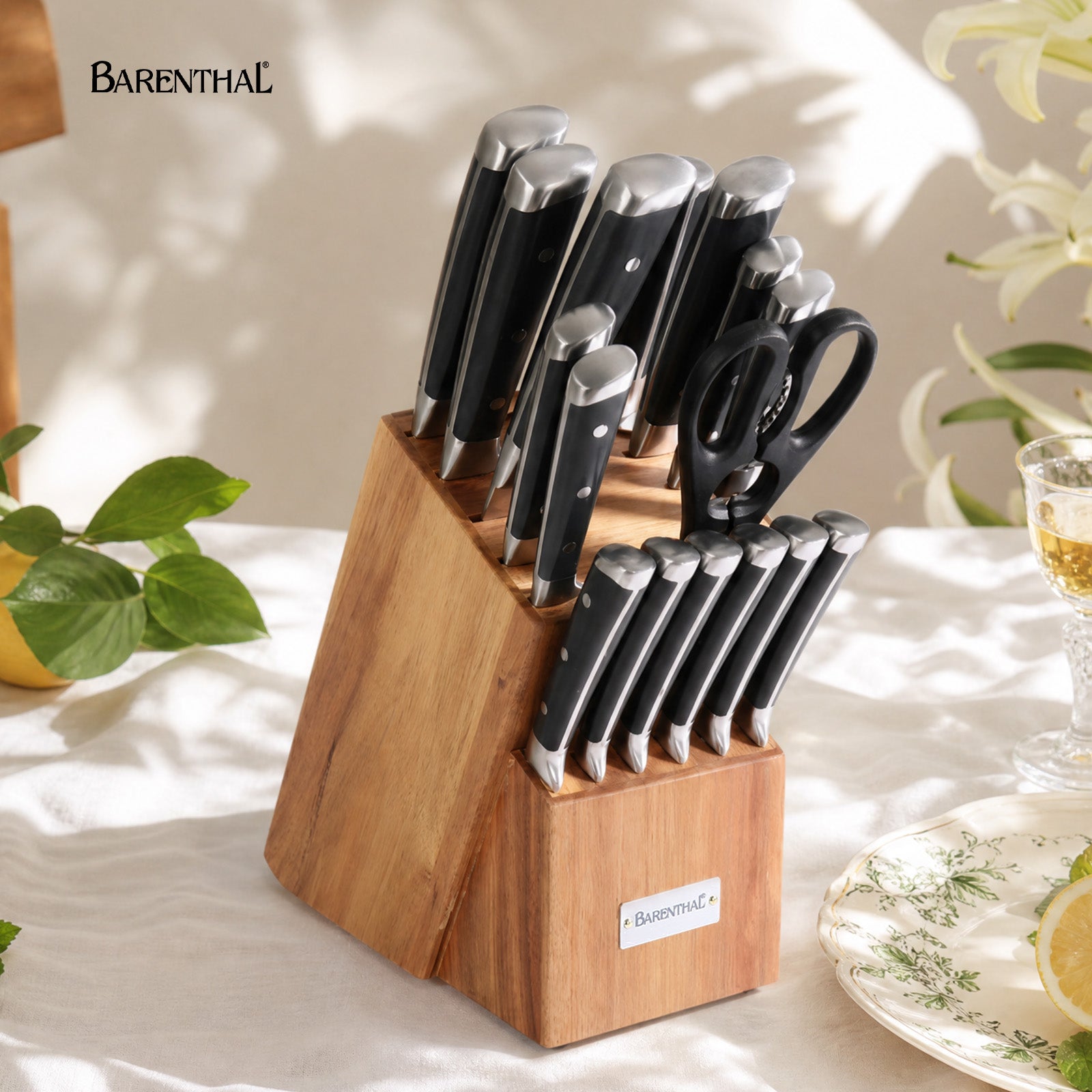 Barenthal 17-Piece Knife Set with Block - complete kitchen knife set with wooden storage block, includes chef knives, steak knives, scissors, and more