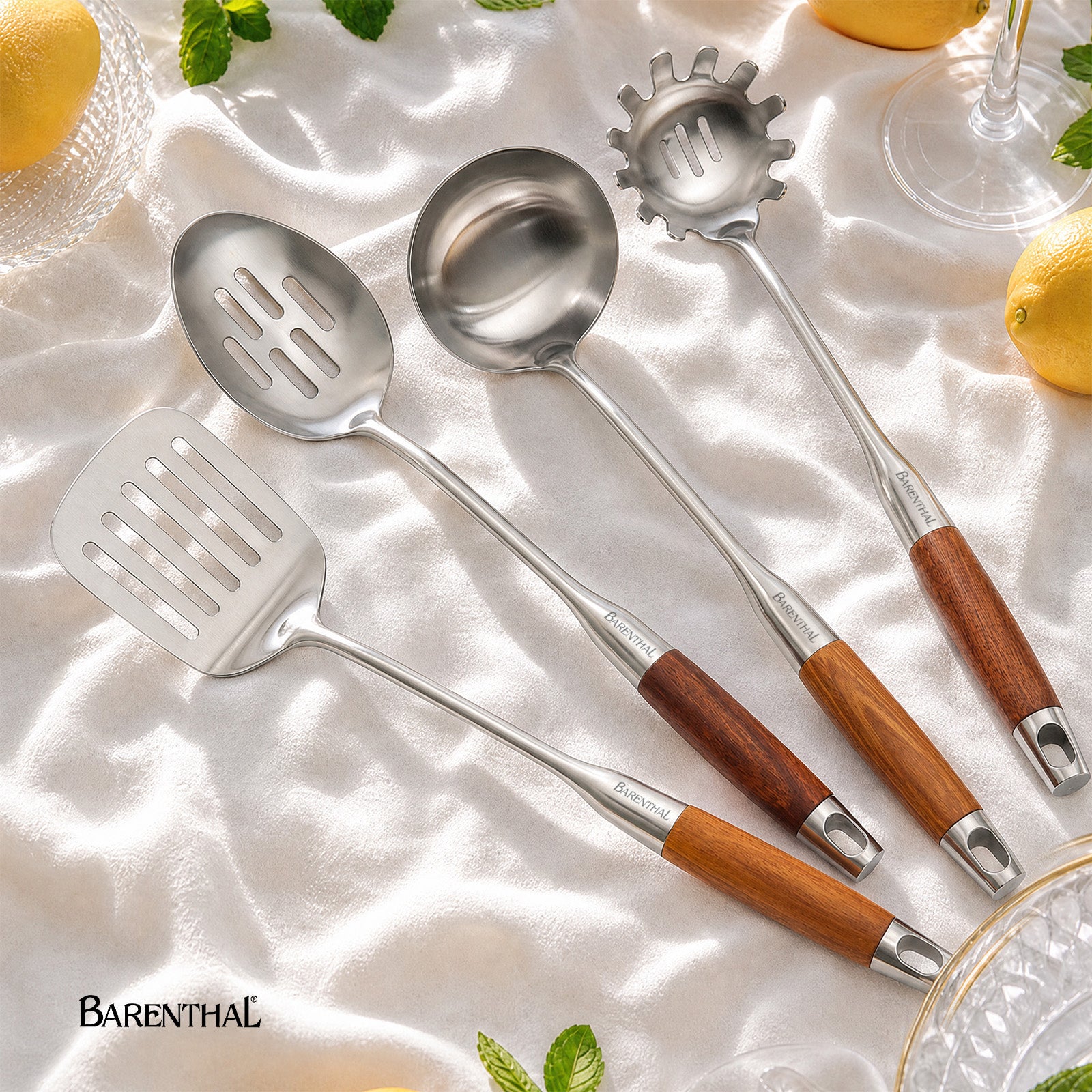 Barenthal 4-Piece Cooking Utensil Set - premium stainless steel kitchen tools with elegant wood handles, includes pasta fork, ladle, slotted spoon, and turner