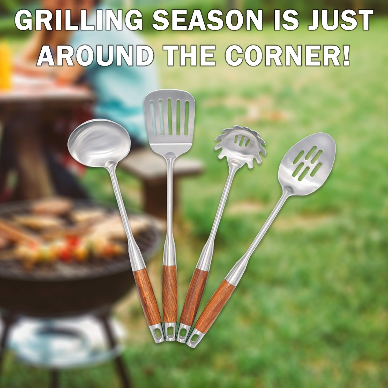 4-piece kitchen utensil set includes spatula, soup ladle and other cooking tools, displayed against kitchen background.