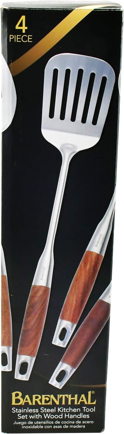 4-piece kitchen utensil set includes spatula, soup ladle, slotted spoon and scraper, durable stainless steel tools to meet all cooking needs.