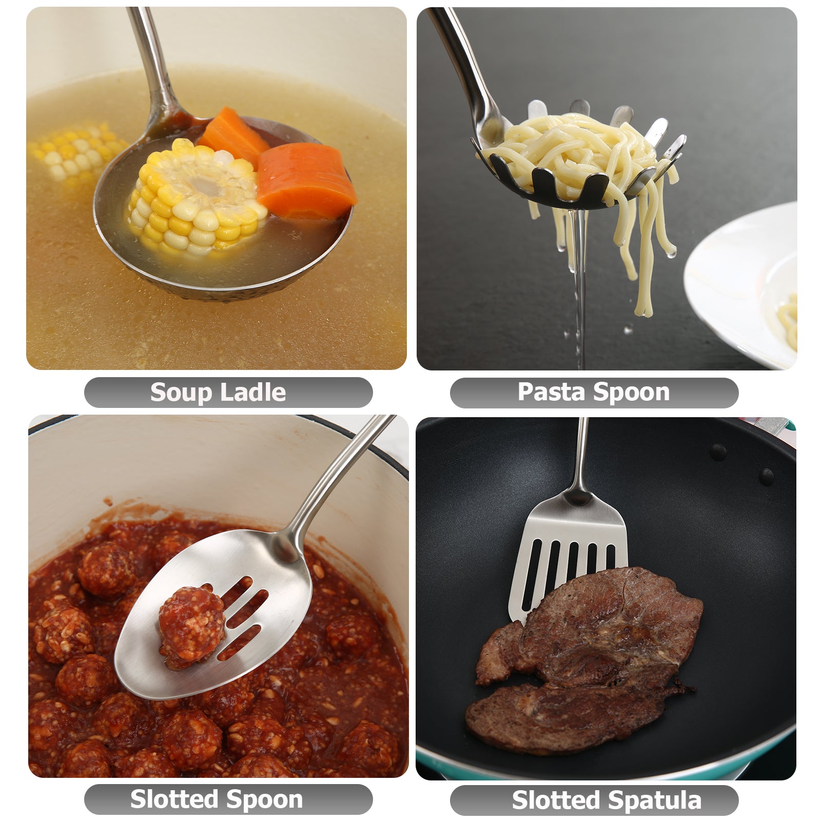 4-piece kitchen utensil set with spatula and soup ladle, durable stainless steel kitchen tools, suitable for cooking all kinds of dishes.