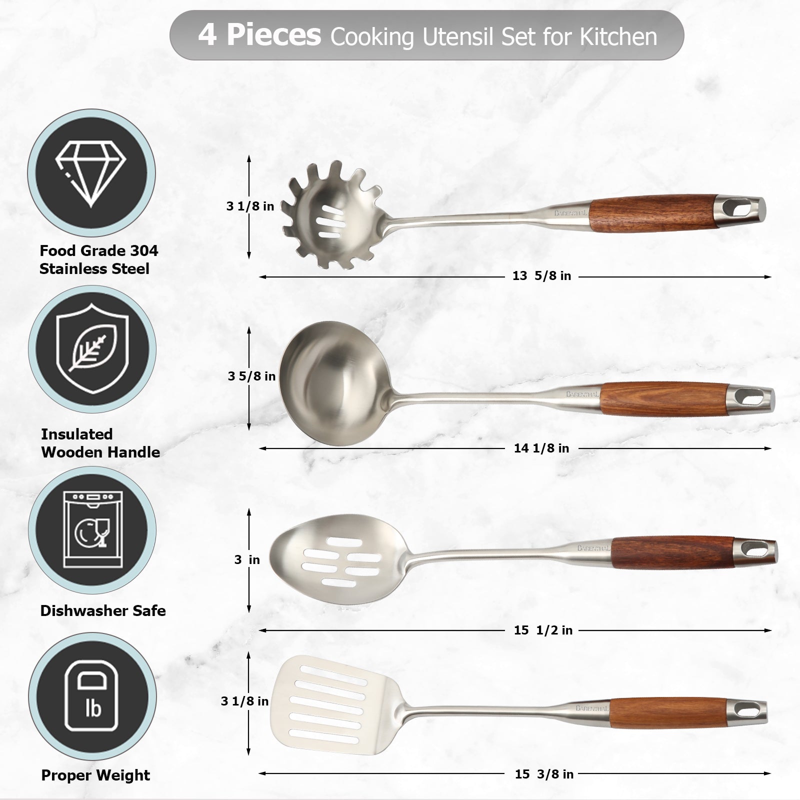 kitchen utensil set with 4 stainless steel cookware tools, featuring spatula and soup ladle, ideal for home cooking.