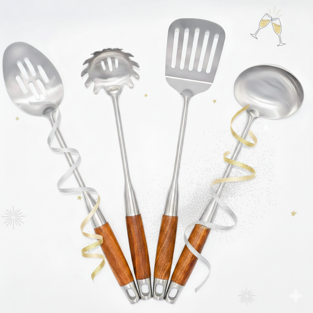4-piece kitchen utensil set, including spatula and soup spoon, made of durable stainless steel, perfect for home kitchen use.