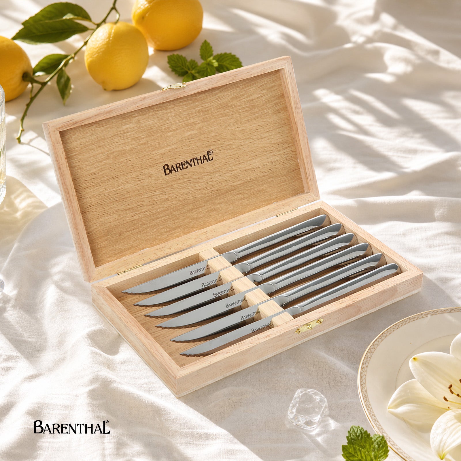 Barenthal 6-Piece Steak Knife Set with Wooden Storage Chest - polished stainless steel steak knives with serrated edges, elegant wooden box for storage and gifting