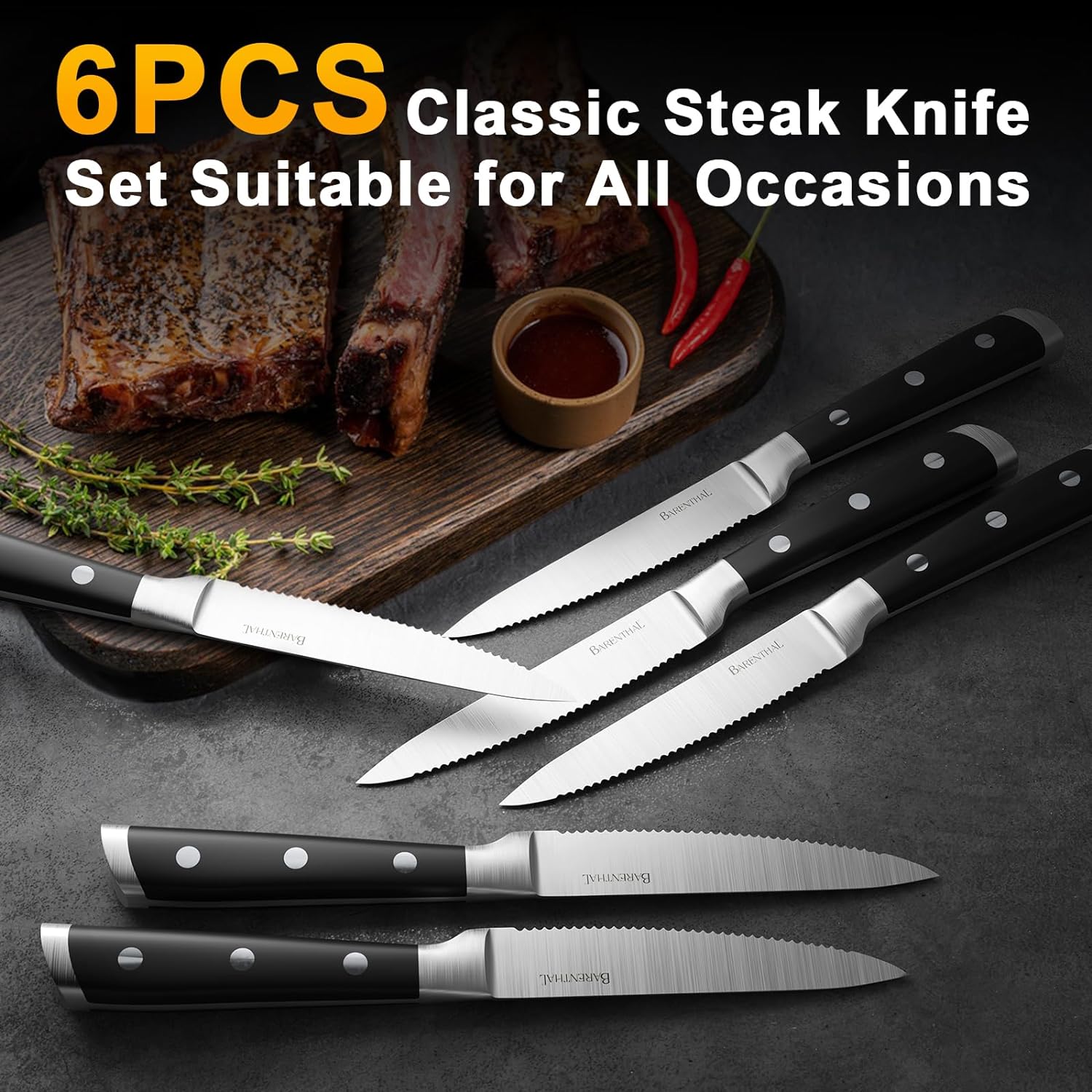  6-piece classic German stainless steel steak knife set with serrated blades, showing elegant handles and sharp cutting edges.