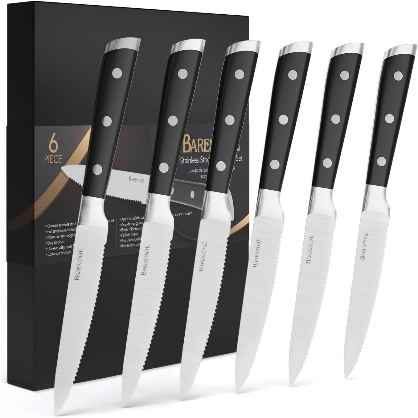 German stainless steel 6-piece serrated classic steak knife set, sharp blade and smooth handle, ideal for cutting steak and meat.
