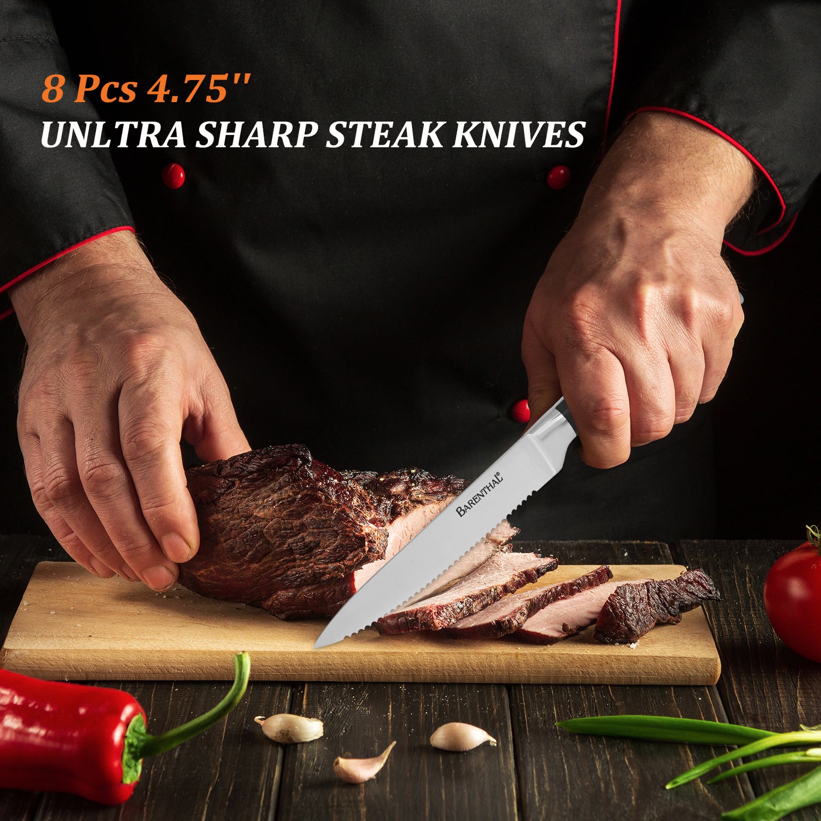 Barenthal 17-piece kitchen knife set comes with knife block and sharpener, featuring various types of kitchen knives and stylish block design.