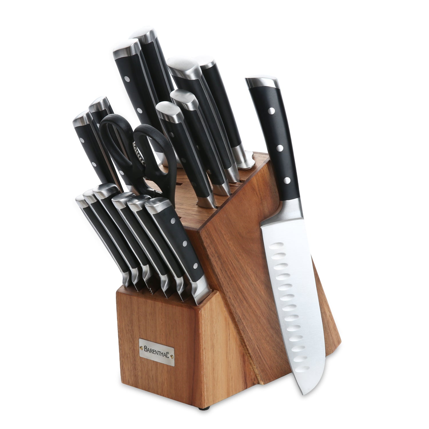 Barenthal 17-piece kitchen knife set is equipped with wooden knife block and sharpener, multiple kitchen knives are neatly arranged on the wooden holder.