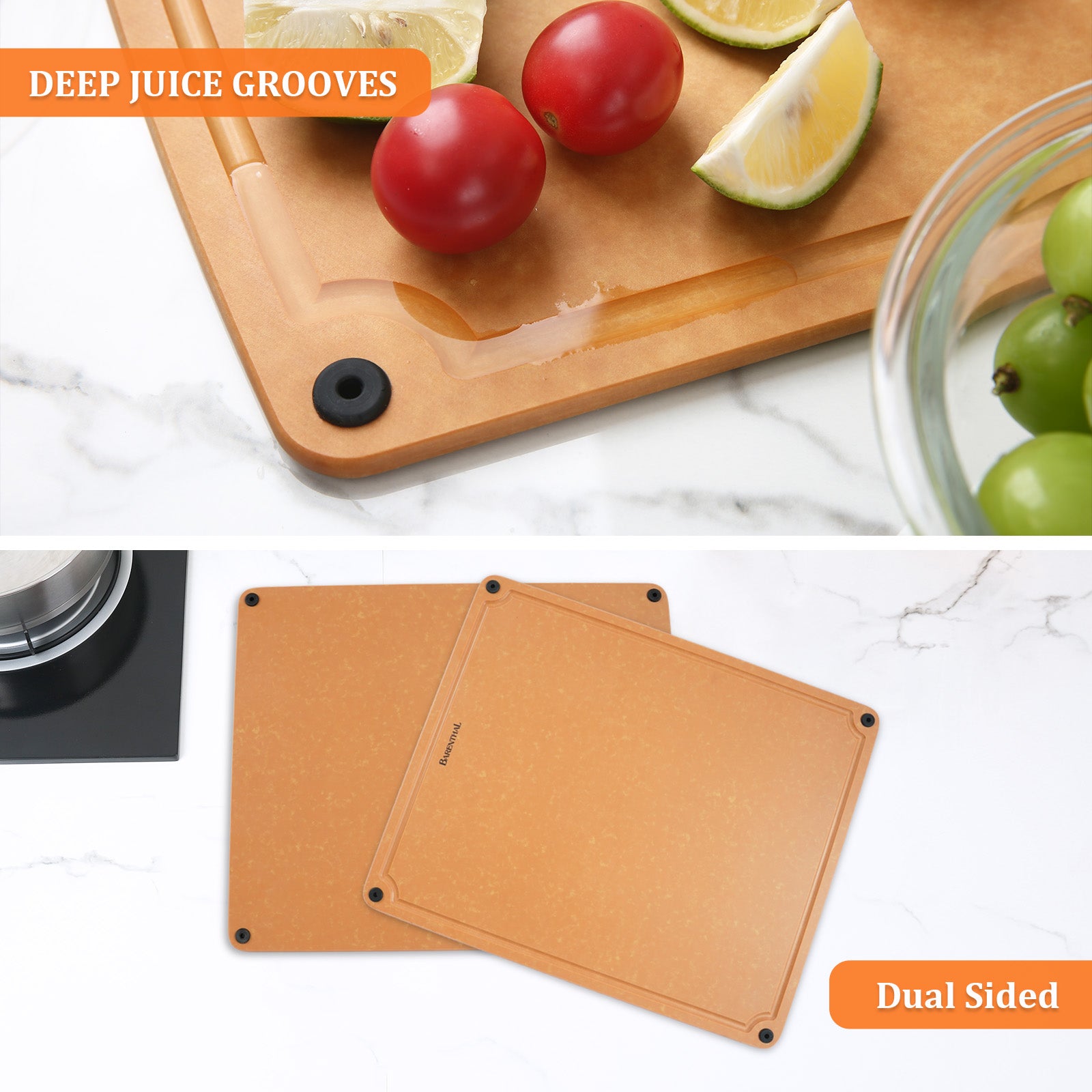 Barenthal eco-friendly kitchen cutting board, double-sided usable, fitted with non-slip feet and juice groove, great for food cutting and table serving, dishwasher safe.