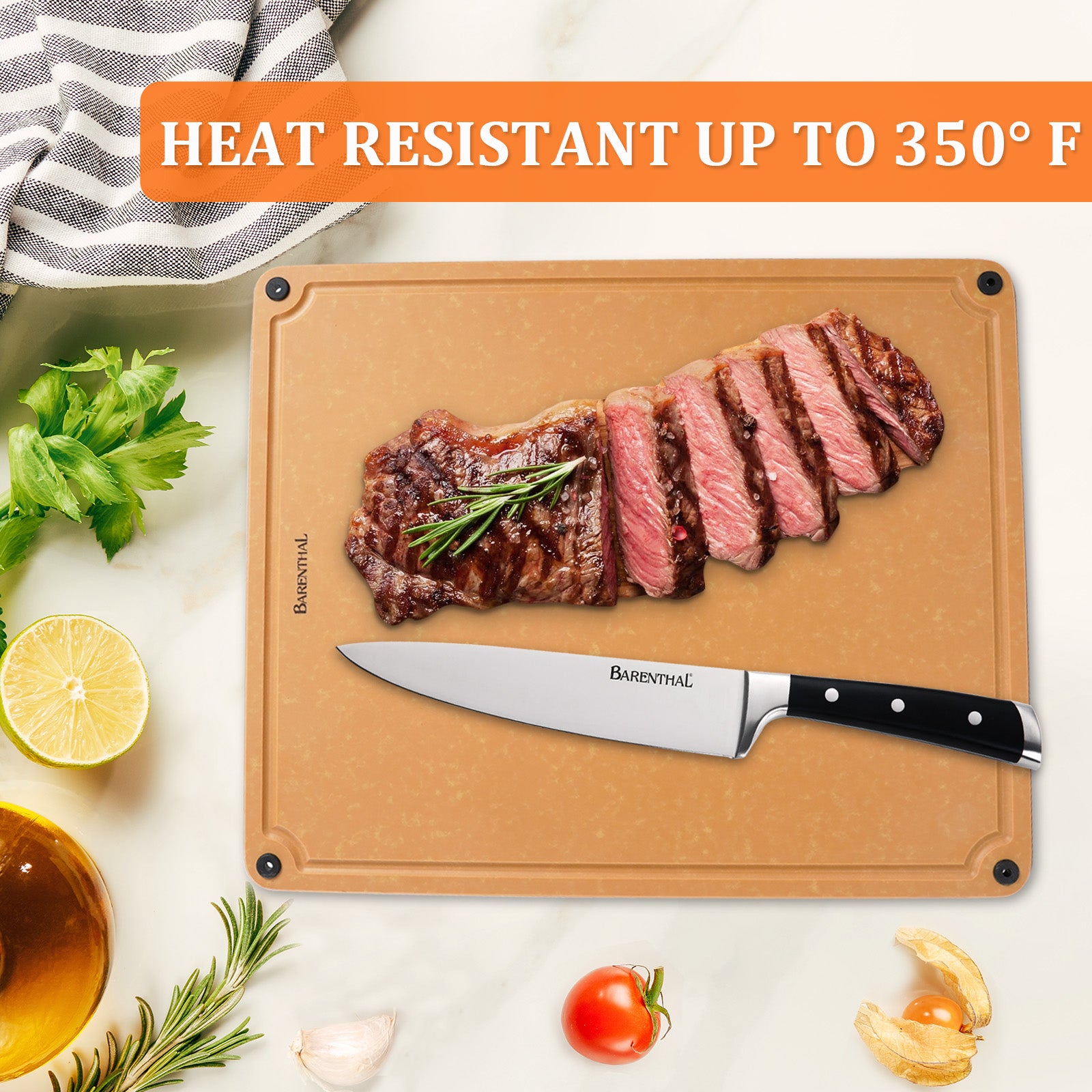 Barenthal eco-friendly kitchen cutting board, double-sided cutting design with non-slip feet and juice groove, perfect for food prep and serving, easy to clean without dishwasher.