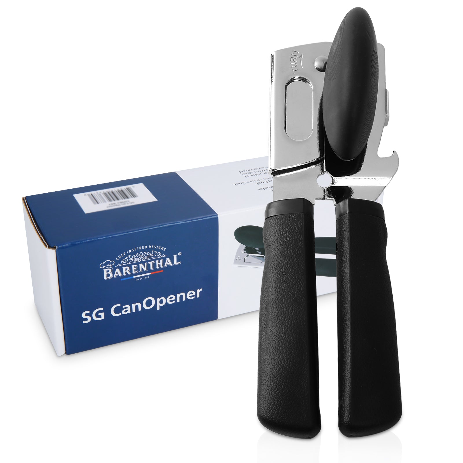 Barenthal Manual Can Opener with bottle opener, non-slip handle and sharp blade, user-friendly for elders, comes with gift box.