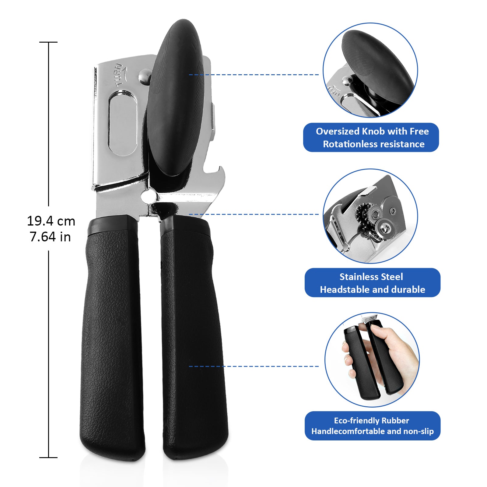 Barenthal manual can opener with beer bottle opener, non-slip grip and sharp blade, safe and easy to use for the elderly, packed in gift box.