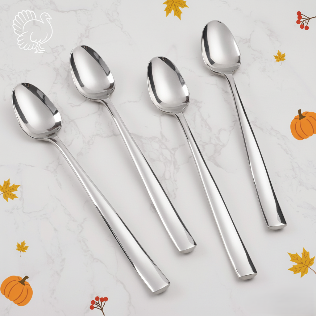 Four shiny stainless steel spoons on marble, surrounded by Thanksgiving icons: turkey, pumpkins, and fall leaves.