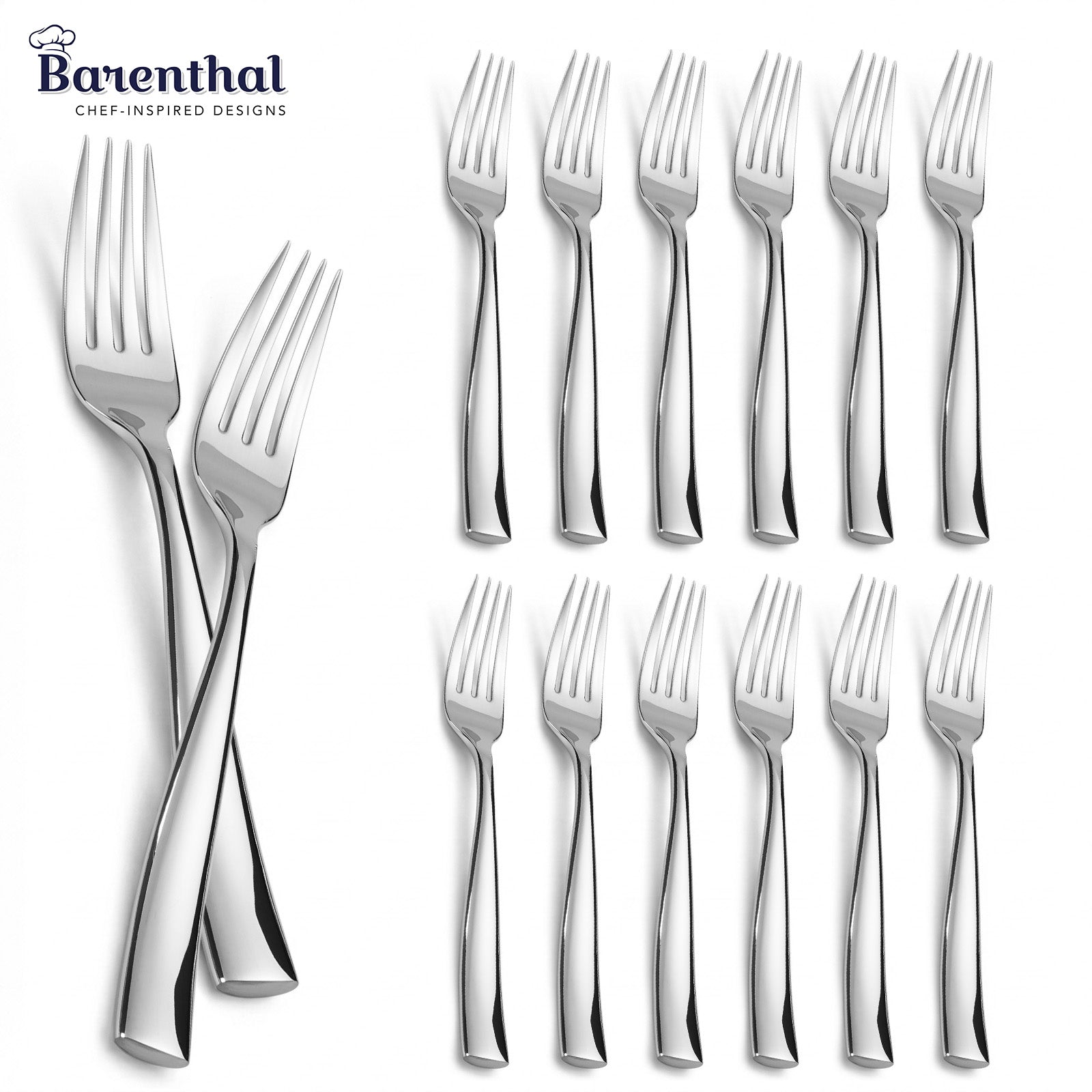 Coutour Dinner Forks, 12-Piece Set, 18/10 Stainless Steel Flatware, Glossy Silverware for 12 People, Dishwasher Safe