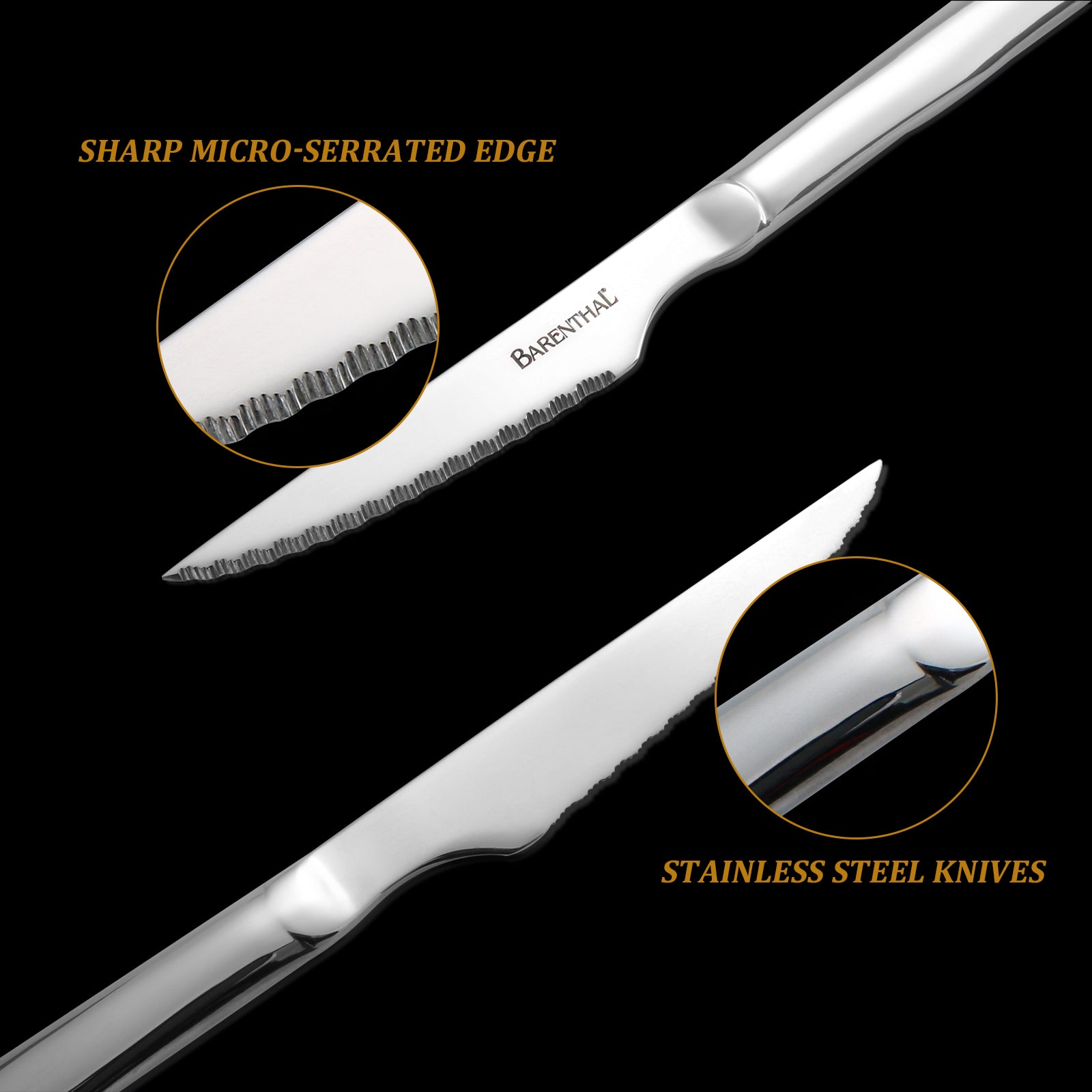 Barenthal 6-piece stainless steel steak knife set with a wooden storage box, featuring sharp blades and comfortable handles.