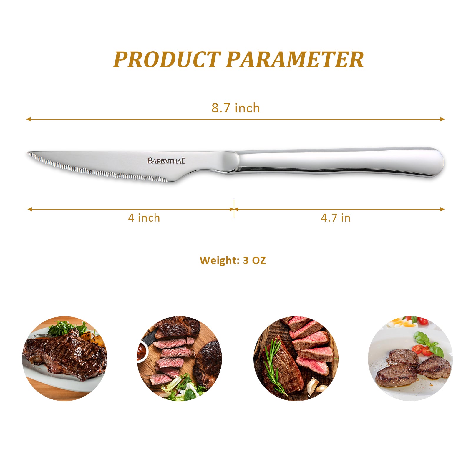 Barenthal 6-piece steak knife set with a wooden storage box, featuring sharp blades suitable for cutting steak and other meats.
