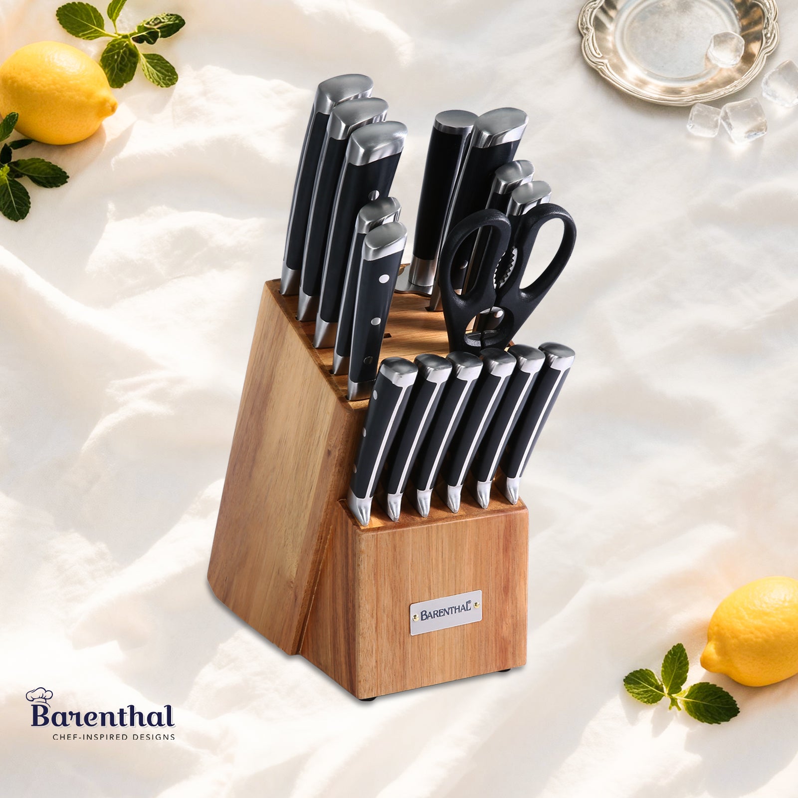 Barenthal 17-Piece Knife Set with Block - complete kitchen knife set with wooden storage block, includes chef knives, steak knives, scissors, and more
