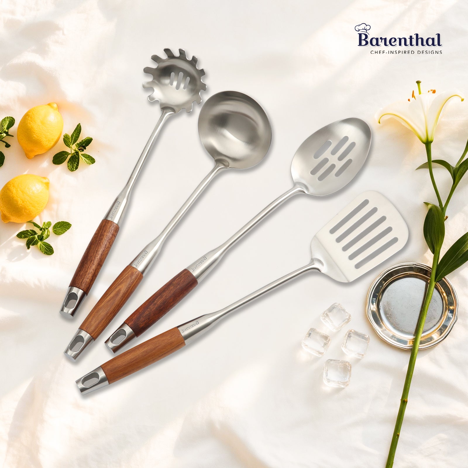 Barenthal 4-Piece Cooking Utensil Set - premium stainless steel kitchen tools with elegant wood handles, includes pasta fork, ladle, slotted spoon, and turner
