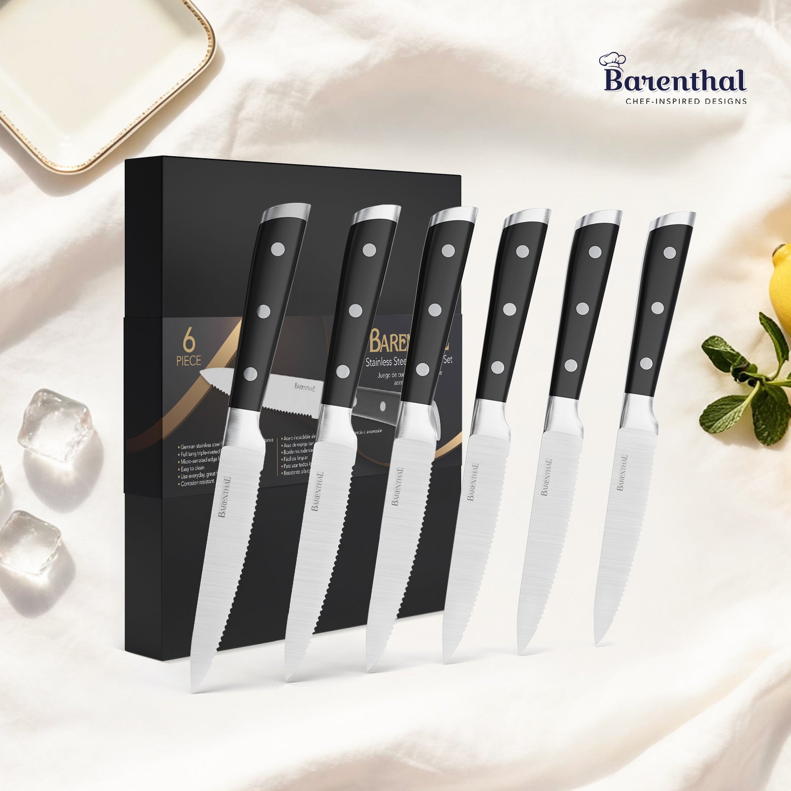 Barenthal 6-Piece Classic Serrated Steak Knife Set, German Stainless Steel - premium serrated steak knives with ergonomic handles, durable and sharp for cutting meats